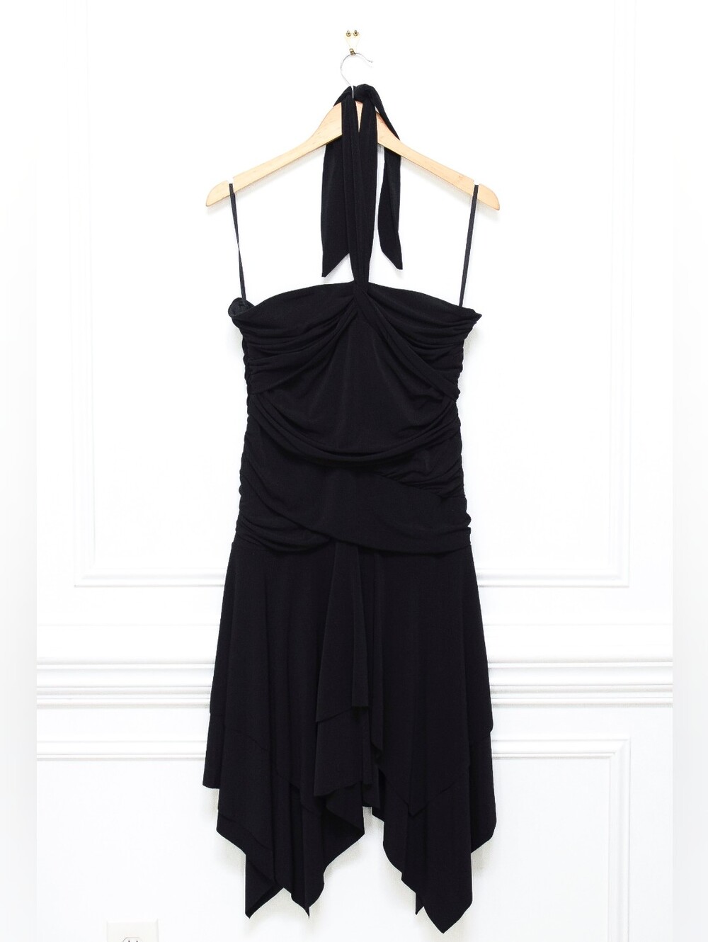 Vintage Black Asymmetrical Halter Dress Ruched Drop Waist Size 16 Y2K 90s Hoco - Picture 1 of 9